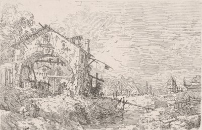 Žena čerpající vodu ze studny pod podloubím vlevo, s krajinou vpravo, 1..., 1717-68. od Canaletto