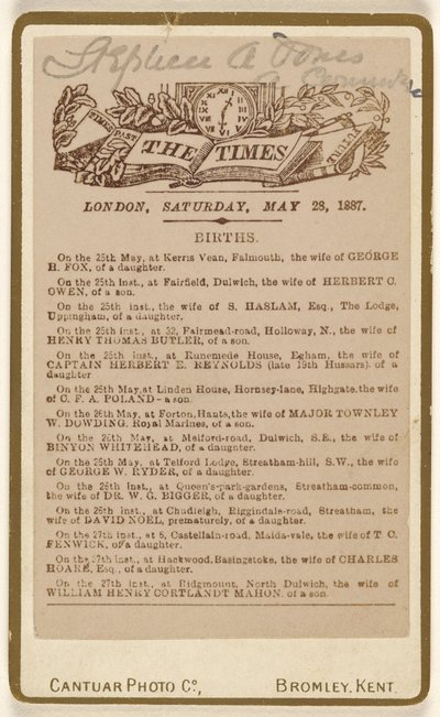 [stránka s oznámením o narození z listu "The Times", Londýn, sobota 28. května 1887] od Cantuar Photographic Company