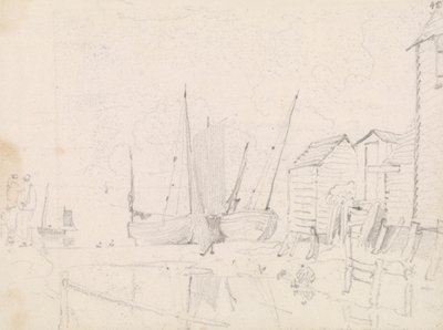 Náčrt plážových plachetnic a chatek na chůdách, Hastings od Capt. Thomas Hastings