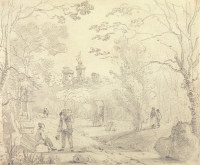 Náčrt parkové scény s hradem East Cowes v dálce, Isle of Wight od Capt. Thomas Hastings