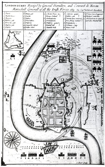 Londonderry v obležení generálem Hamiltonem a Conradem de Rosenem, ryl J. Sturt, 1689 od Captain Archibald Maculloch