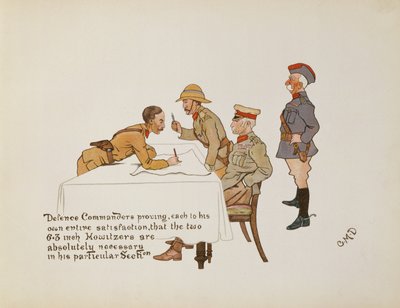 Velitelé obrany dokazující, že dva 6,3palcové houfnice jsou absolutně nezbytné v jeho konkrétní sekci, z The Leaguer of Ladysmith, 1900 od Captain Clive Dixon