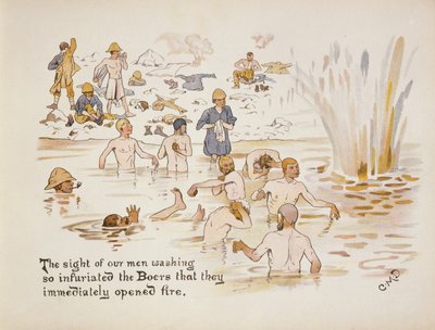 Pohled na mytí našich mužů tak rozzuřil Búry, že okamžitě zahájili palbu, z The Leaguer of Ladysmith, 1900 od Captain Clive Dixon