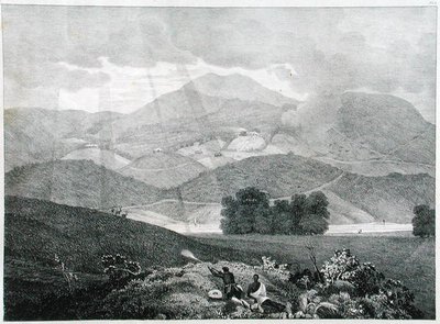 Pohled na část jezera a chaty v Ottacamundu, Neelgherry Mountains, deska 3 z View of the Neilgherries nebo Blue Mountains of Coimbetoor, jižní Indie od kapitána McCurdyho, publikováno 1830 (li od Captain E. A. after McCurdy