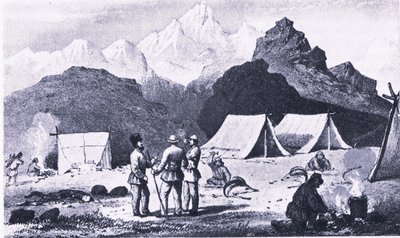 Camp in the Himalayas, from British Adventure vydané Collinsem od Captain E. P. Campbell