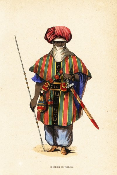 Vznešený tuaregský válečník z Agadezu v Nigeru v tagelmustu (turban a závoj), taktkatu (košile) a akarbey (kalhoty) od Captain George Francis (after) Lyon