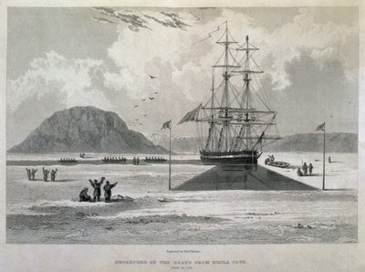 Odjezd člunů z Hecla Cove, 21. června 1827, z Journal of a Third Voyage for Discovery severozápadní plavby z Atlantiku do Pacifiku provedené v letech 1824-25 v H.M.s. od Captain George Francis Lyon