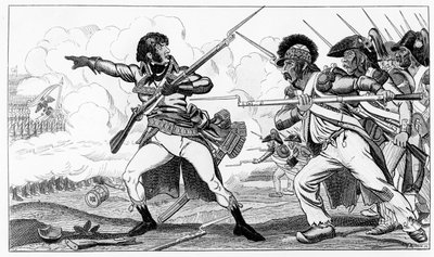 Dobrovolníci v Sabotech v bitvě u Valmy, 20. září 1792, ilustrace z „Histoires de la Revolution Francoise“ od Louise Blanca, rytina S. Krakow od Caran d Ache