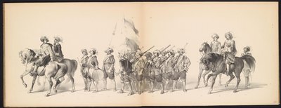 Maškaráda leidenských studentů, 1850 (deska 10) Intogt Frederika Hendrika v Hertogenboschi v roce 1629: kostýmovaná reprezentace H.H. studenti Leydsche Hoogeschool den XI Junij z roku 1850 (název série na objektu) od Carel Christiaan Antony Last