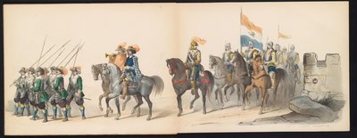 Maškaráda leidenských studentů, 1850 (deska 13) Intogt Frederika Hendrika v Hertogenboschi v roce 1629: kostýmovaná reprezentace H.H. studenti Leydsche Hoogeschool den XI Junij z roku 1850 (název série na objektu) od Carel Christiaan Antony Last