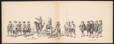 Maškaráda leidenských studentů, 1850 (deska 2) Intogt Frederika Hendrika v Hertogenboschi v roce 1629: kostýmovaná reprezentace H.H. studenti Leydsche Hoogeschool den XI Junij z roku 1850 (název série na objektu) od Carel Christiaan Antony Last
