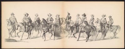 Maškaráda leidenských studentů, 1850 (deska 7) Intogt Frederika Hendrika v Hertogenboschi v roce 1629: kostýmovaná reprezentace H.H. studenti Leydsche Hoogeschool den XI Junij z roku 1850 (název série na objektu) od Carel Christiaan Antony Last