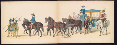 Maškaráda leidenských studentů, 1850 (deska 8) Intogt Frederika Hendrika v Hertogenboschi v roce 1629: kostýmovaná reprezentace H.H. studenti Leydsche Hoogeschool den XI Junij z roku 1850 (název série na objektu) od Carel Christiaan Antony Last