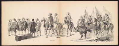 Maškaráda leidenských studentů, 1850 (deska 9) Intogt Frederika Hendrika v Hertogenboschi v roce 1629: kostýmovaná reprezentace H.H. studenti Leydsche Hoogeschool den XI Junij z roku 1850 (název série na objektu) od Carel Christiaan Antony Last