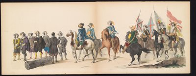 Maškaráda leidenských studentů, 1850 (deska 9) Intogt Frederika Hendrika v Hertogenboschi v roce 1629: kostýmovaná reprezentace H.H. studenti Leydsche Hoogeschool den XI Junij z roku 1850 (název série na objektu) od Carel Christiaan Antony Last