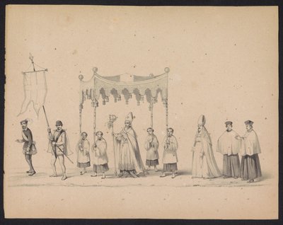 Maškaráda utrechtských studentů, 1846 (deska 10) Vyobrazení krojovaného průvodu, zobrazující průvod Filipa II., prince španělského, v Utrechtu, 3. října 1549, pořádaný 17. června 1846, H.H. Studenti Utrechtsche od Carel Christiaan Antony Last
