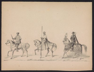 Maškaráda utrechtských studentů, 1846 (deska 14) Vyobrazení krojovaného průvodu, zobrazující průvod Filipa II., prince španělského, v Utrechtu, 3. října 1549, pořádaný 17. června 1846, H.H. Studenti Utrechtsche od Carel Christiaan Antony Last