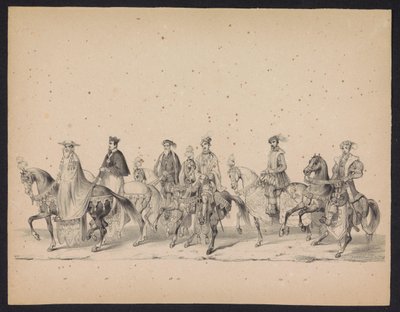 Maškaráda utrechtských studentů, 1846 (deska 16) Vyobrazení krojovaného průvodu, zobrazující průvod Filipa II., prince španělského, v Utrechtu, 3. října 1549, pořádaný 17. června 1846, H.H. Studenti Utrechtsche od Carel Christiaan Antony Last