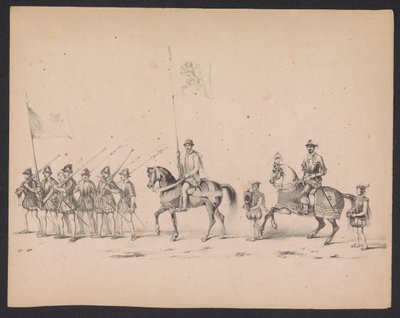 Maškaráda utrechtských studentů, 1846 (deska 2) Vyobrazení krojovaného průvodu, zobrazující průvod Filipa II., prince španělského, v Utrechtu, 3. října 1549, pořádaný 17. června 1846, H.H. Studenti Utrechtsche od Carel Christiaan Antony Last