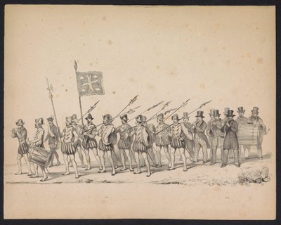Maškaráda utrechtských studentů, 1846 (deska 22) Vyobrazení krojovaného průvodu, zobrazující průvod Filipa II., prince španělského, v Utrechtu, 3. října 1549, pořádaný 17. června 1846, H.H. Studenti Utrechtsche od Carel Christiaan Antony Last