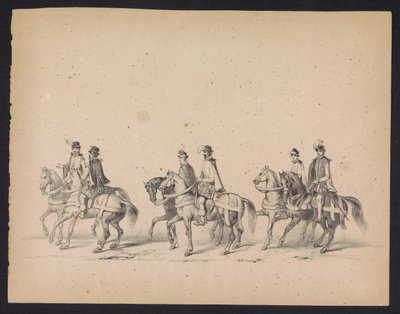 Maškaráda utrechtských studentů, 1846 (deska 5) Vyobrazení krojovaného průvodu, zobrazující průvod Filipa II., prince španělského, v Utrechtu, 3. října 1549, pořádaný 17. června 1846, H.H. Studenti Utrechtsche od Carel Christiaan Antony Last