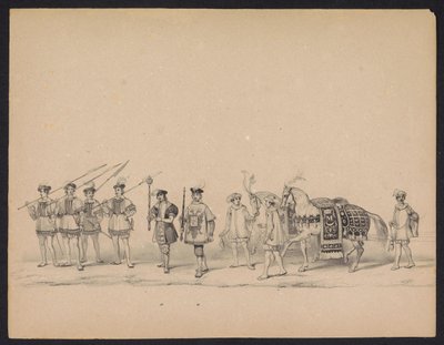 Maškaráda utrechtských studentů, 1846 (deska 7) Vyobrazení krojovaného průvodu, zobrazující průvod Filipa II., prince španělského, v Utrechtu, 3. října 1549, pořádaný 17. června 1846, H.H. Studenti Utrechtsche od Carel Christiaan Antony Last