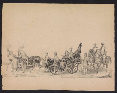 Maškaráda utrechtských studentů, 1846 (deska 8) Vyobrazení krojovaného průvodu, zobrazující průvod Filipa II., prince španělského, v Utrechtu, 3. října 1549, pořádaný 17. června 1846, H.H. Studenti Utrechtsche od Carel Christiaan Antony Last