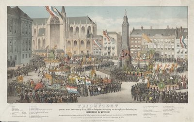 Triumf v Amsterdamu dne 19. června 1865 u příležitosti oslav padesátého výročí vítězství u Waterloo (název na předmětu) od Carel Christiaan Antony Last