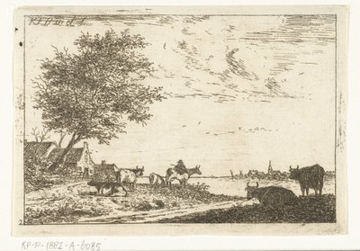Říční krajina s farmářem a krávami na farmě Krajiny (název série) od Carel Frederik Bendorp (I)