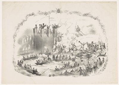 Karikatura zobrazující Thorbeckovy plány na zrušení Utrechtské univerzity aplikovaných věd, 1863 Bitva mezi dvěma mocnými živly (název na objektu) od Carel Hendrik Thiebout