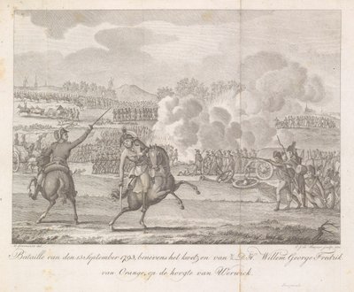 Princ Frederik je zraněn ve Werviku, 1793 Bataille ze 13. září 1793, kromě zranění H.D.H. Willem George Fredrik z Orange, vedle Werwicku (titul na předmětu) od Carel Jacob de Huyser