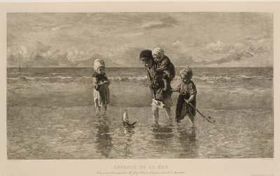 Čtyři děti si hrají s hračkou na pláži v mělké mořské vodě Děti moře Enfants de la mer (název na objektu) od Carel Lodewijk Dake