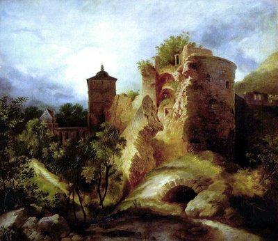 Německy: Der gesprengte Turm des Heidelberger Schlosses Vyfouknutá věž hradu Heidelberg od Carl Blechen
