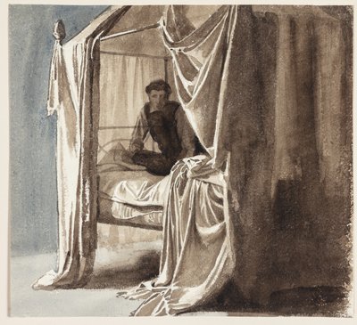 Postel se závěsy. Studie k obrazu „Niels Ebbesen a hrabě Gert“ vystavený v roce 1868 od Carl Bloch