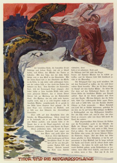 Thor bojuje s Midgardským hadem v bitvě u Ragnaroku (barva litho) od Carl Emil Doepler