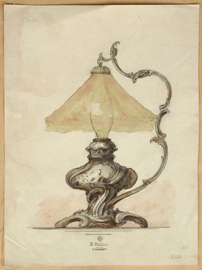 Kresba stříbrné stolní lampy s krouceným vroubkovaným tělem v rokokovém stylu, Dům Carla Faberge od Carl Fabergé