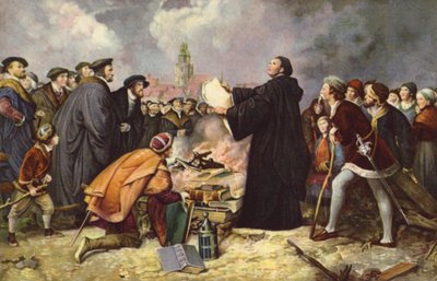 Martin Luther pálí papežskou bulu v roce 1520 (barevně lito) od Carl Friedrich (after) Lessing