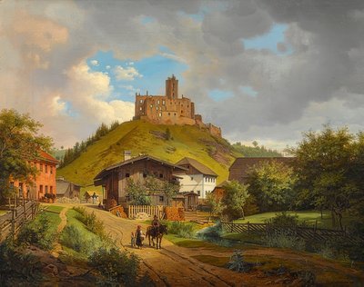 Zřícenina hradu Hilgartsberg a výhled na Hofmark na Dunaji. 1829 od Carl Friedrich Heinzmann