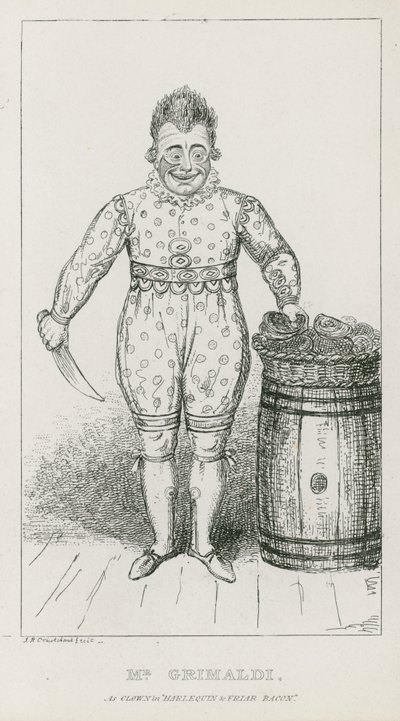 Pan Joseph Grimaldi jako klaun v Harlequin a Friar Bacon od Carl Georg Adolph Hasenpflug