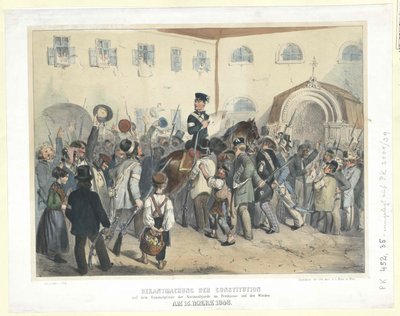 Vyhlášení ústavy na shromaždišti Národní gardy ve Svobodném domě na Wiedenu 15. března 1848 (kolorovaná litografie) od Carl Goebel