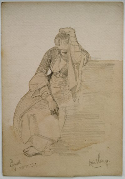 Studie sedící dámy, Nazaret, 1859 (tužka a wc wash na papíře) od Carl Haag
