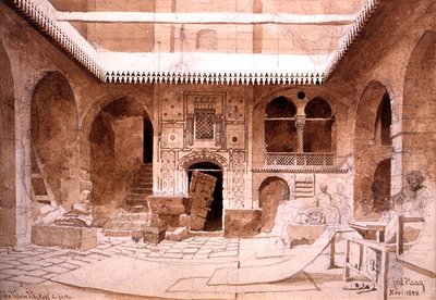 The Chan Chaleel Carpet Bazaar v Káhiře, 1858 (tužka a hnědá barva na papíře) od Carl Haag