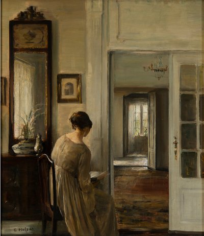 Přednáška. La femme du peintre - Čtení. Malířova žena - Carl Holsoe (1863-1935). Olej na plátně Rozměr: 58x52 cm Soukromá sbírka od Carl Holsoe
