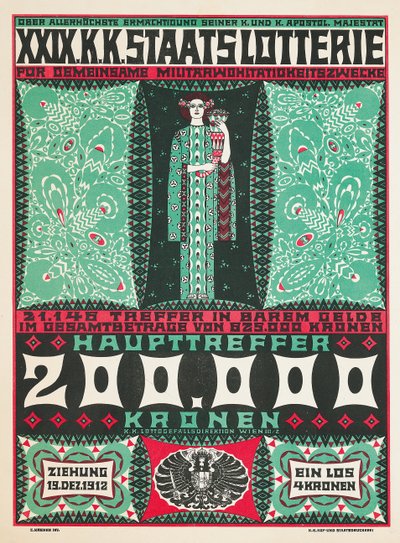 Plakát inzerující 24. rakouskou královskou charitativní loterii v roce 1912 od Carl Krenek