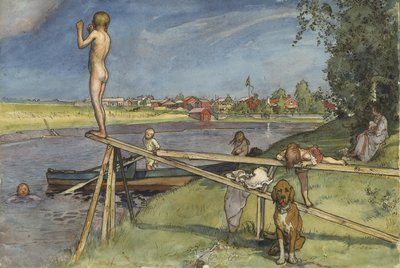 A Pleasant Bathing Place, ze série A Home, kolem roku 1895 (wc na papíře) od Carl Larsson