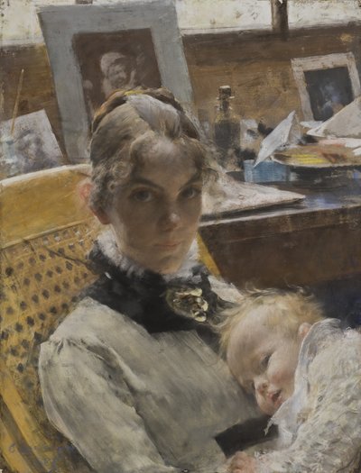 A Studio Idyll: The Artists Wife and their Daughter Suzanne, 1885 (pastel) od Carl Larsson