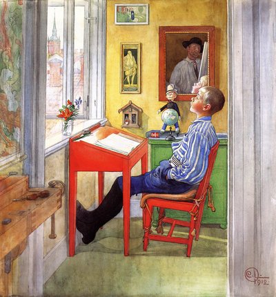 Esbjorn Doing his Homework, 1912 (wc, kvaš a tužka na papíře na plátně) od Carl Larsson