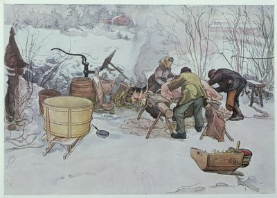 "Zabíjení prasete", ilustrace pro knihu "Moje malá farma", vydáno ve Švédsku, 1904 od Carl Larsson