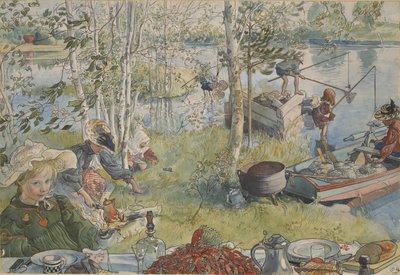 La peche aux ecrevisses - Lov raků, Larsson, Carl (1853-1919). Akrylové barvy na papíře. Rozměr: 32 x 43 cm. Národní muzeum Stockholm od Carl Larsson