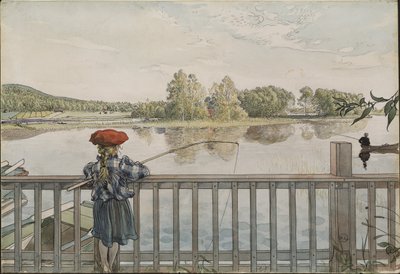 Lisbeth a la peche a la ligne - Lisbeth Angling, Larsson, Carl (1853-1919). Akvarel a tempera na papíře. Rozměr: 32 x 43 cm. Národní muzeum Stockholm od Carl Larsson